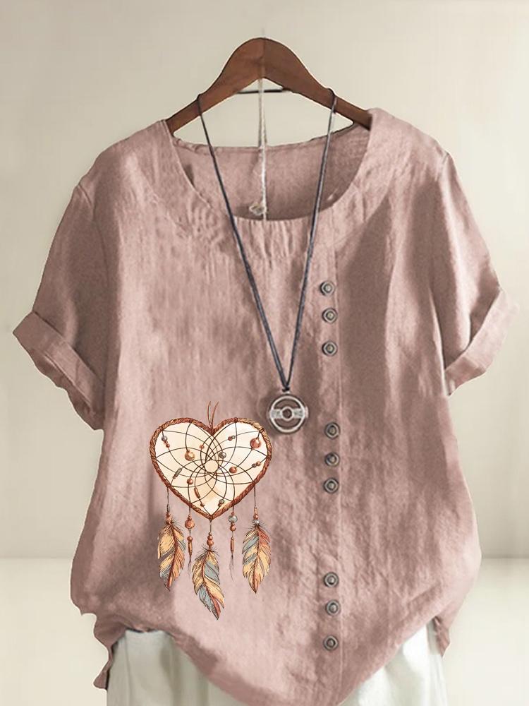 Women s Fashion Love Feather Print Casual Cotton Linen Short Sleeve Round Neck T-shirt Shirt Leisure Loose Summer Blouse Tops S розовый much money