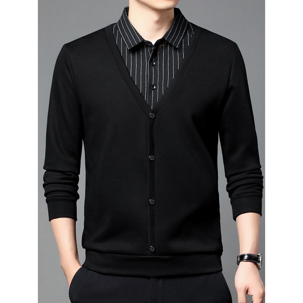 Мужская рубашка из двух предметов, осенне-зимняя полосатая лоскутная рубашка с воротником с лацканами, топ для папы, теплый повседневный вязаный свитер M чёрный HerSight