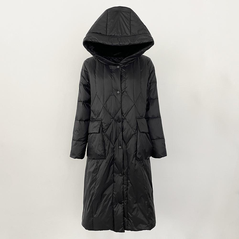 OFTBUY Зимняя повседневная утепленная куртка-пуховик в корейском стиле с капюшоном, женская длинная куртка-пуховик с наполнителем из 90% белого утиного пуха M чёрный