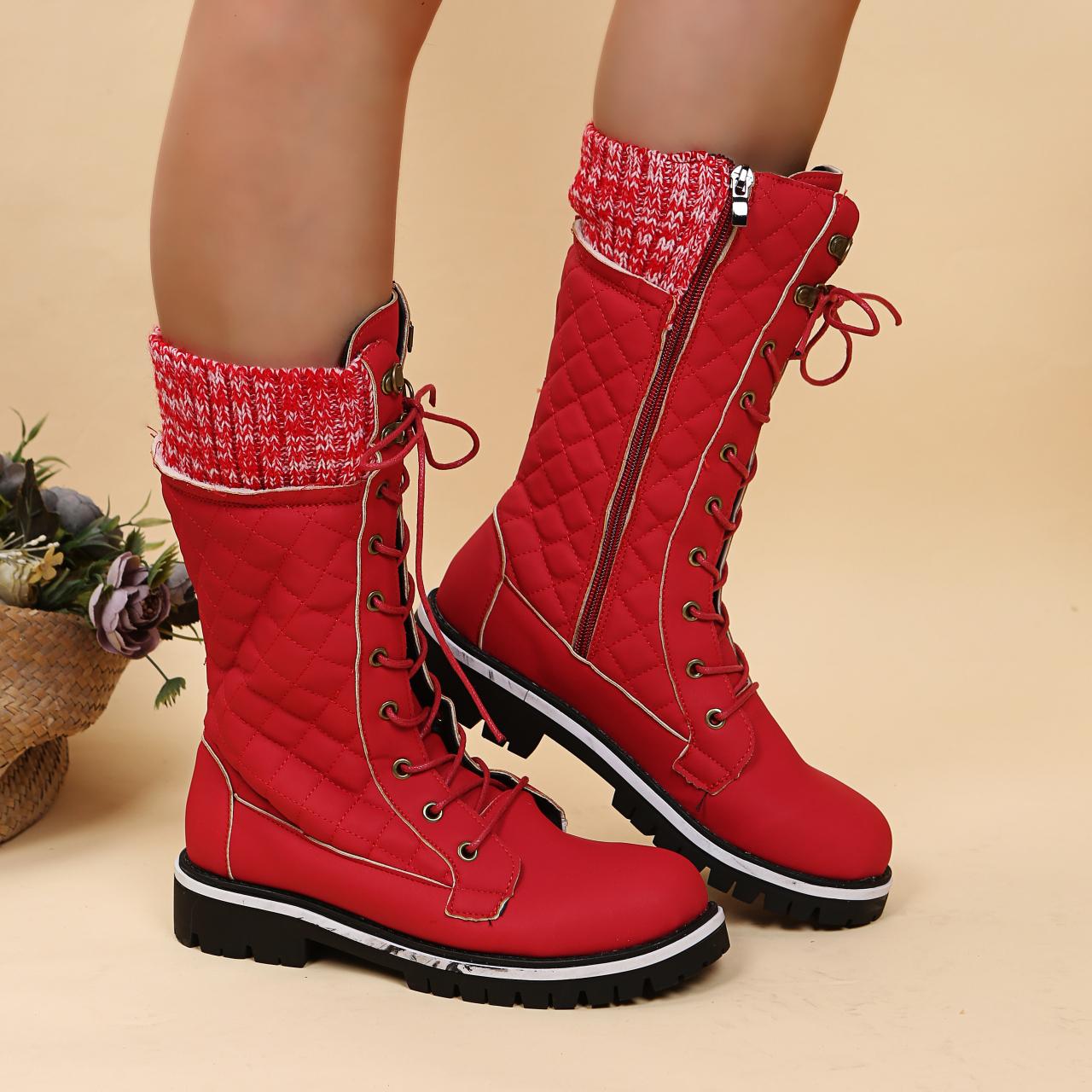 High-quality Winter Warm Boots Women s Winter Side-pull Lace-up Knitted Mid-tube Boots Low-heeled Round-toe Boots Botas De Mujer 35 красный Elegant Home Furnshings