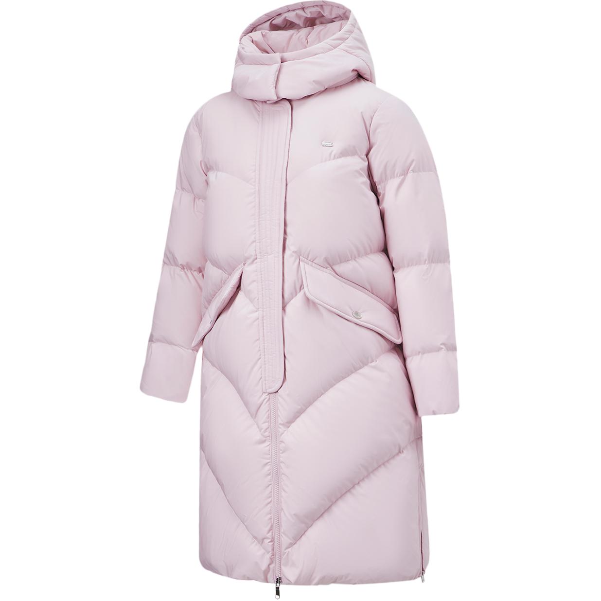 Li-Ning Solid Color Zipper Hooded Long Down Jacket Women Outerwear Purple AYMT116-5 L gray