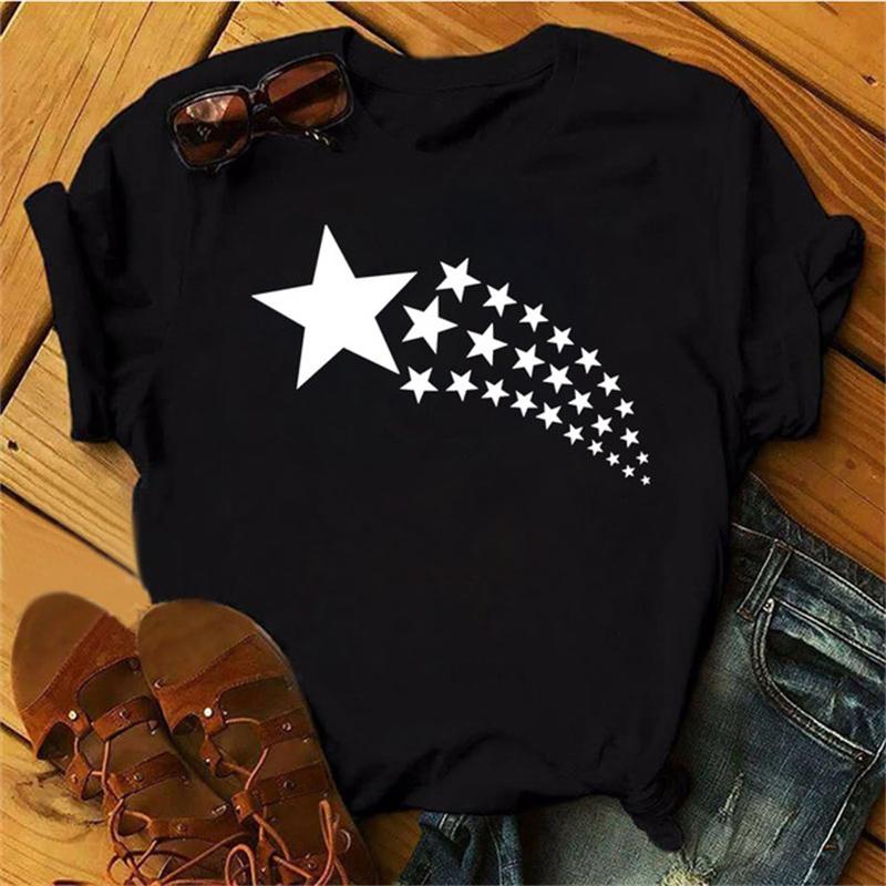 Maycaur Woman Star Moon Print Harajuku Летние футболки Повседневная футболка с круглым вырезом и коротким рукавом Женская черная футболка Прямая поставка M white haijian03