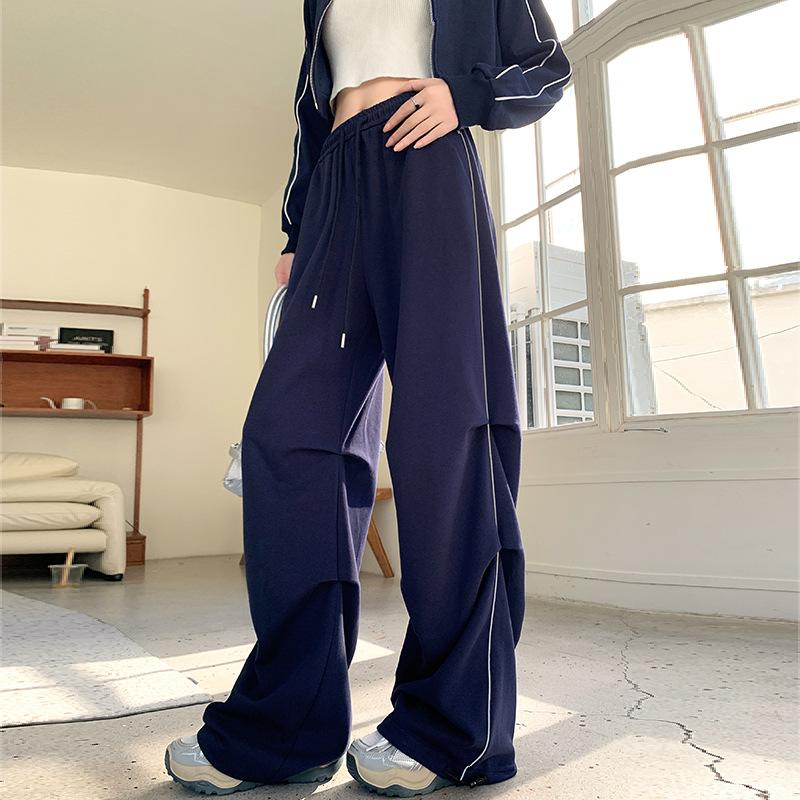 Maillard Sports and Relaxed Drawstring Trousers for Women In Spring and Autumn New High Waist Wide Legs Straight Small Work Pants S white PP1