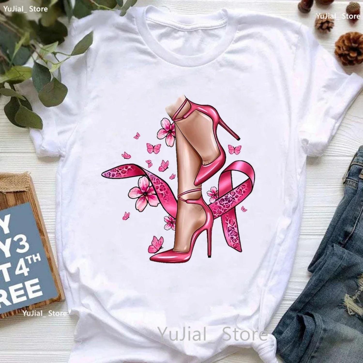 Breast Cancer Awareness Printed T-shirt Women s Pink High Heels T-shirt Women s Summer Short Sleeve T-shirt S белый Winter snow