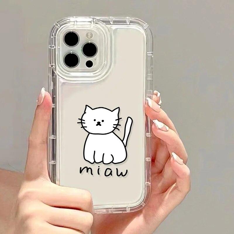 Мягкий чехол для телефона с милым 3D котом в Корейском стиле для iPhone 13 11 12 14 15 Pro Max 7 8 14 15 Plus XR XS X SE, силиконовая прозрачная задняя крышка For iPhone 14 Plus white Bai Fen Bai-Digital 3C