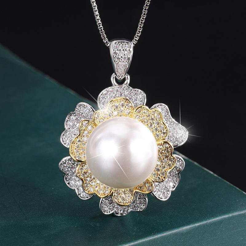 Jewelry Inlaid Austrian Fritillary Pearl Gold-Plated Color-Separated Diamond-Set Flower Women S Pendant Necklace 14Mm white Wo Bijouterie