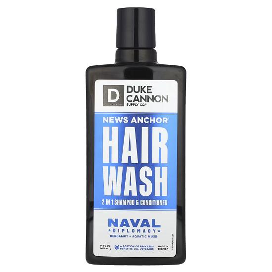 Duke Cannon Supply Co., News Anchor® Hair Wash, 2 In 1 Shampoo & Conditioner, Naval Diplomacy, Bergamot + Aquatic Musk, 14 Fl Oz (414 Ml) black