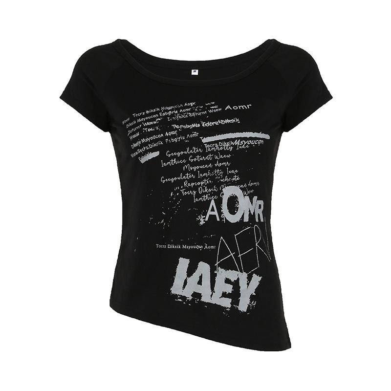 Letter-printed Slanted Shoulder Personalized Relaxed Fit Short-sleeved Sexy Backless T-shirt S чёрный PP1