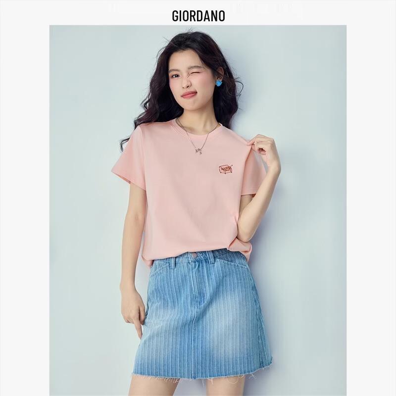 Женская хлопковая футболка Giordano с вышивкой кошки XL розовый