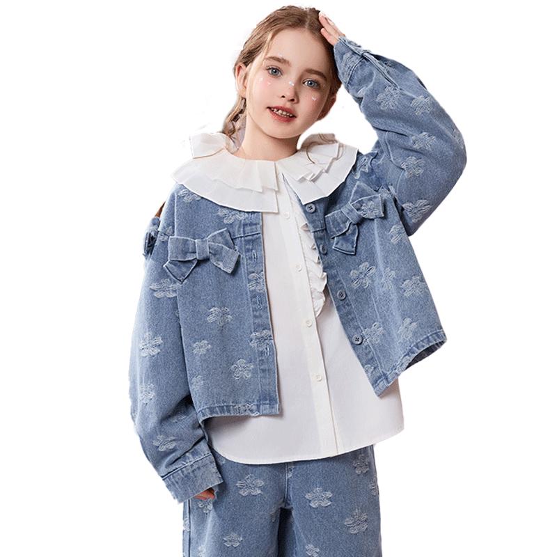 Джинсовая куртка ASK JUNIOR с круглым вырезом и жаккардовым узором для девочек 130 джинсовый синий JDST online