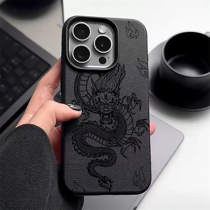Черный дракон узор матовый мягкий чехол для телефона iPhone 16 Pro Max 15 Pro 14 13 12 11 TPU кожа текстура тонкий противоударный бампер чехол iPhone 16 чёрный M&Y
