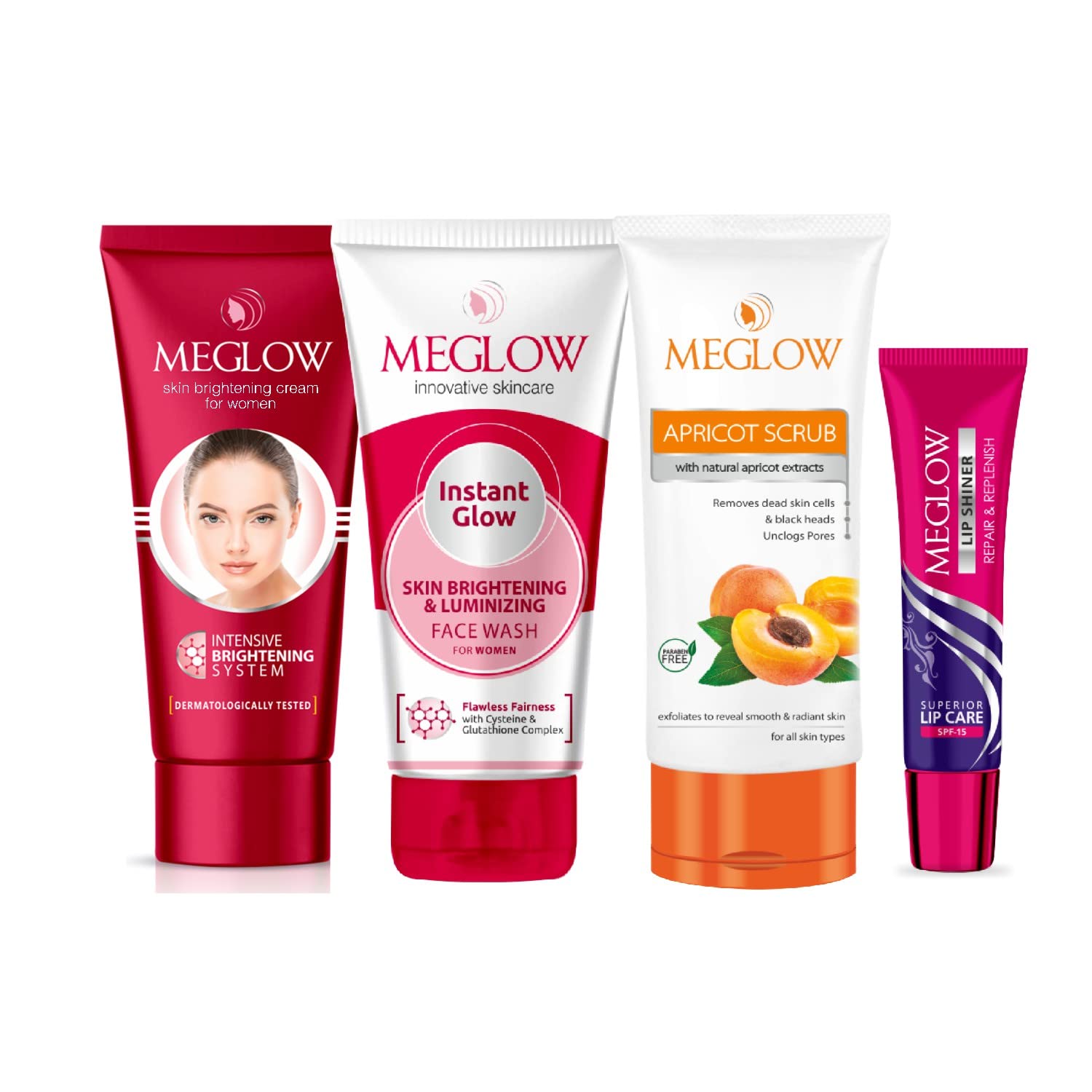 Набор из 4 средств Meglow Skincare - Женский крем для лица (50г) с витамином E и натуральными экстрактами | Очищающее средство для лица «Мгновенное сияние» (70g) | Абрикосовый скраб (70g) red IFusion - Health & Beauty