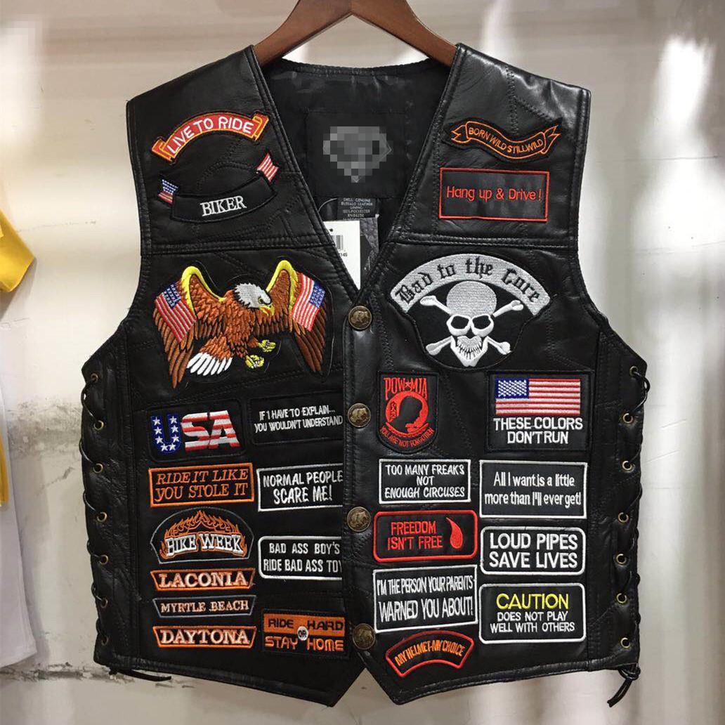 Мужской американский пэчворк кожаный велосипедный жилет Harley с вышитыми нашивками, размер 42 XL чёрный UrbanEdge