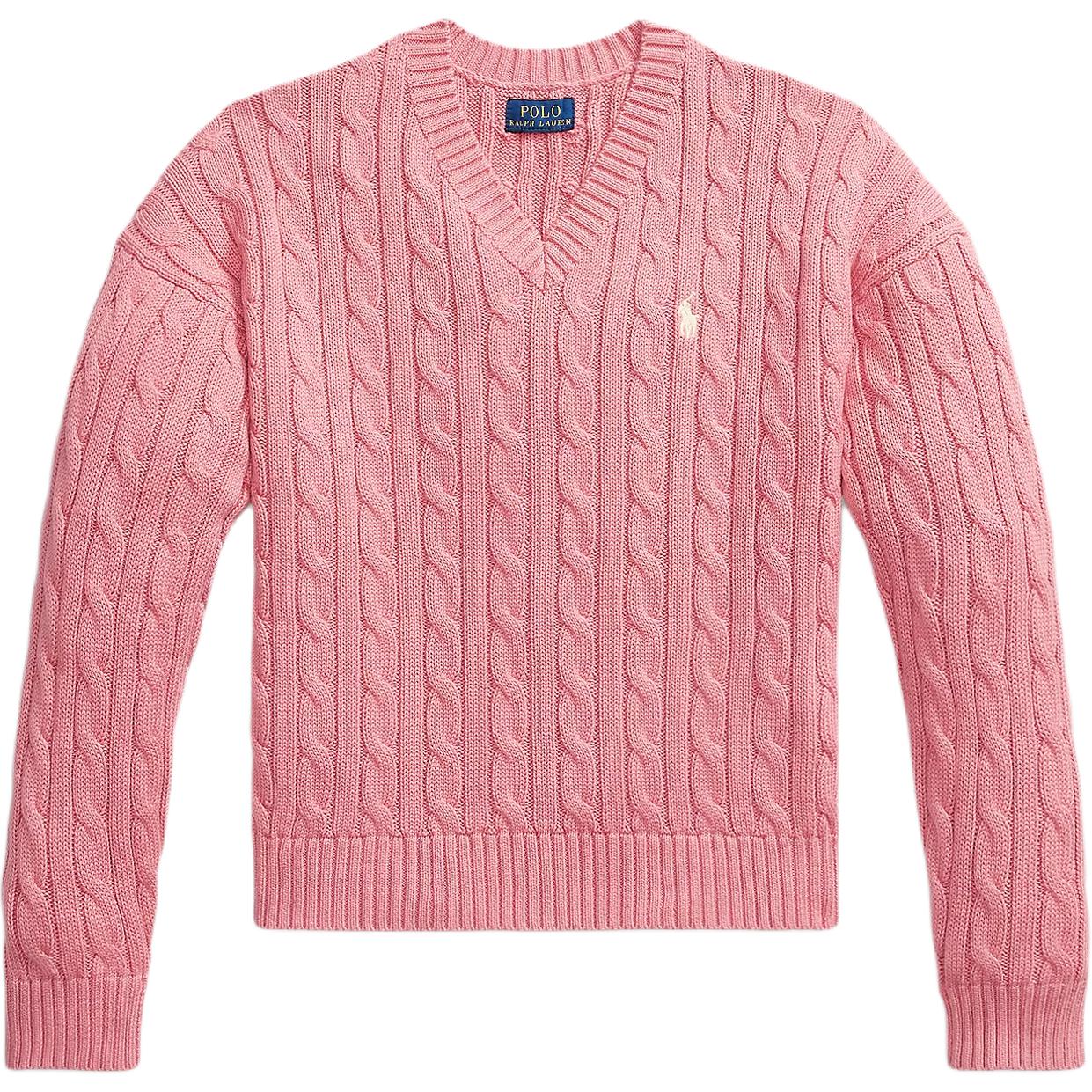 Polo Ralph Lauren Вязаный с косами Хлопковый свитер с V-образным вырезом и вышитой лошадкой Детский свитер 313A11238-003 XL pink