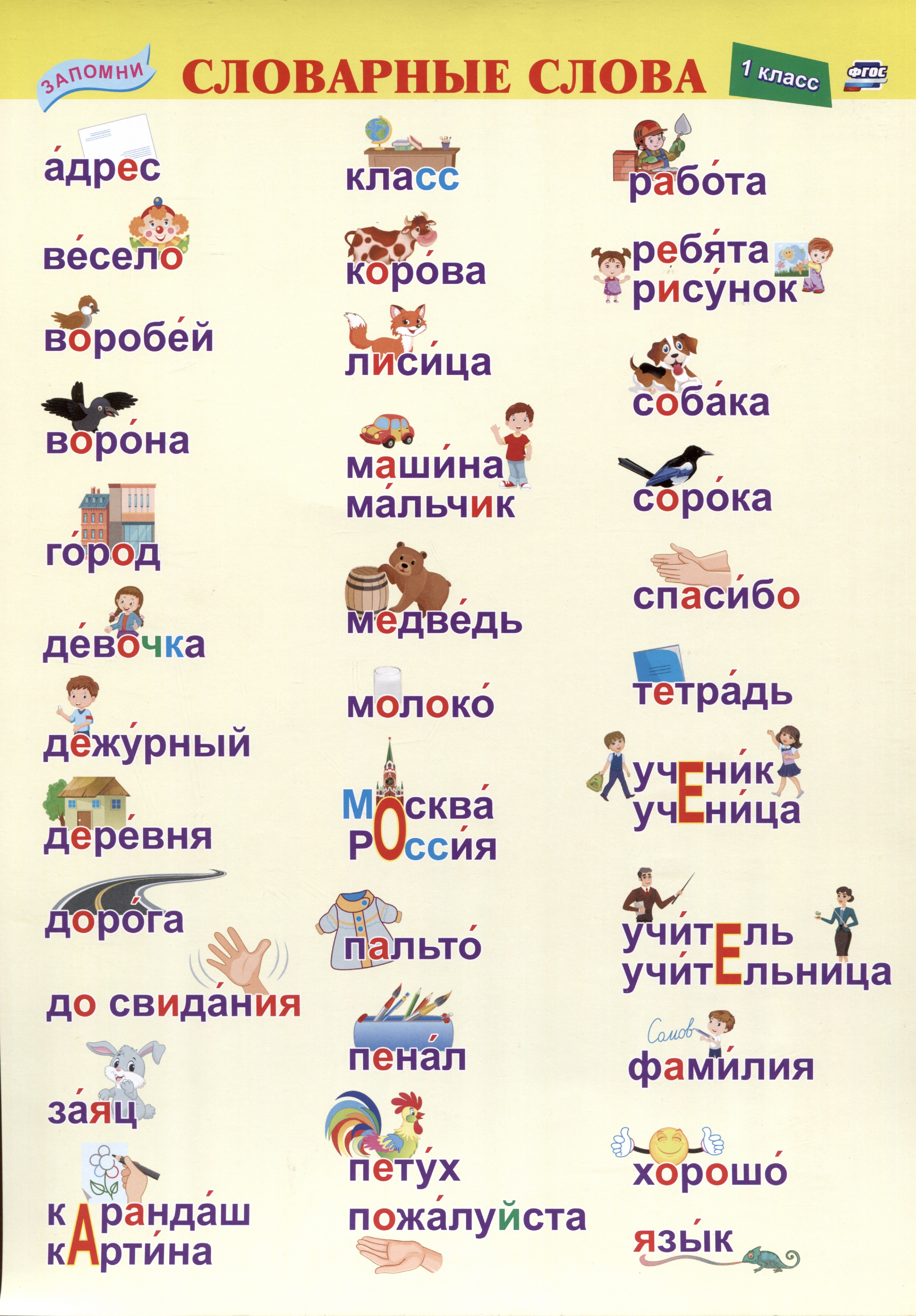 Учебный плакат. Словарные слова. 1 класс. (Формат А4, бумага мелов 250) Читай-город