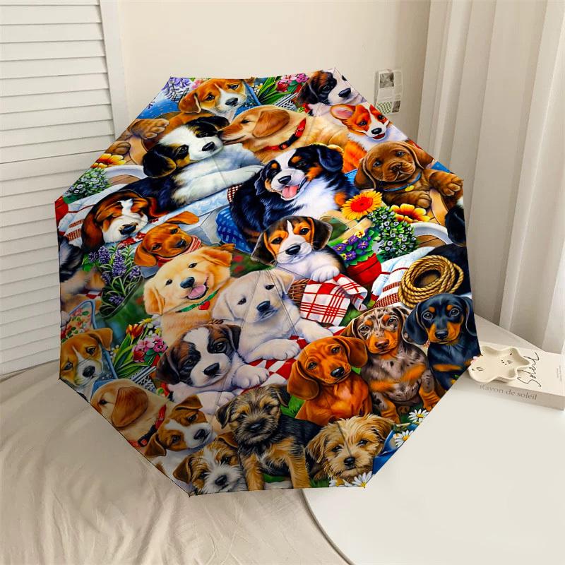1PC puppies flowers Umbrella-8-Rib Reinforced Portable Folding Travel Suitable for All Seasons Outdoor Daily Use Is an Ideal Choice  -K0388 black LjqThree