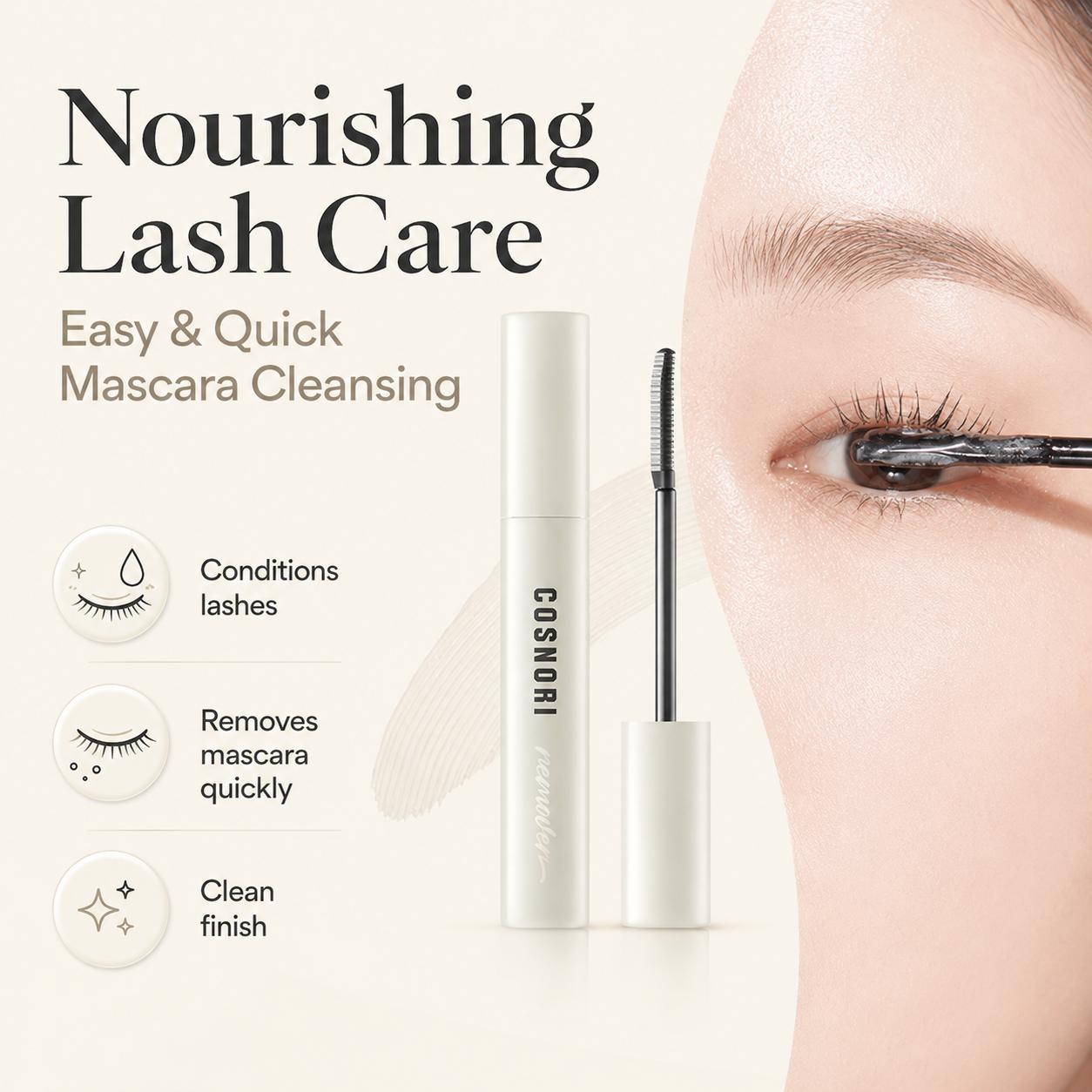 COSNORI Long Active Vegan Mascara Remover, Gentle Eye Makeup Cleanser & Lash Nourishing Care, Single Item, From Korea beige