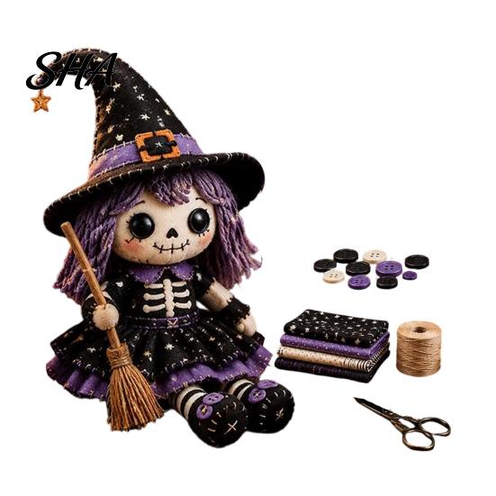 Beginner Sewing Materials Skeleton Witch Patchwork Kit, Gothic Girl Doll DIY Spooky Halloween Craft Kit for Adults Teens Handmade Gift Creative Hobby black LAIBAOFUBA