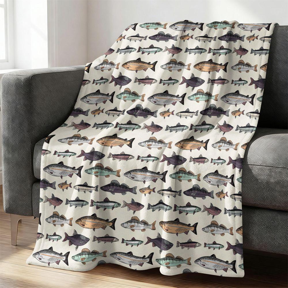 Fish Print Flannel Blanket Soft Throw Blanket for Sofa Bed Living Room Camping Travel Cozy Gift Blanket for Men Women Kids 100cmx150cm gray LjqThirteen
