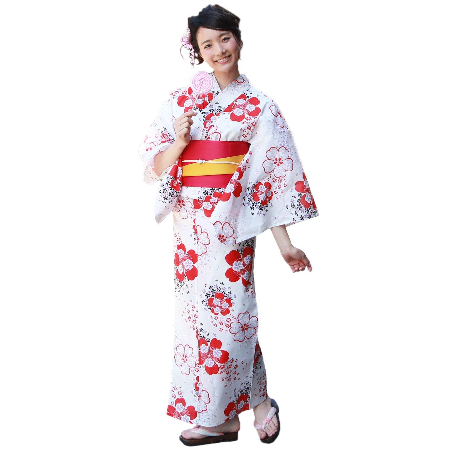 Юката Красные и черные вишневые цветы на белом Tokimeki Koi Yukata 3 Piece Geta [Brilliant Piece] Женский комплект, Фон, Комплект, Юката, Оби, белый Zen Picks - Japan Product select -