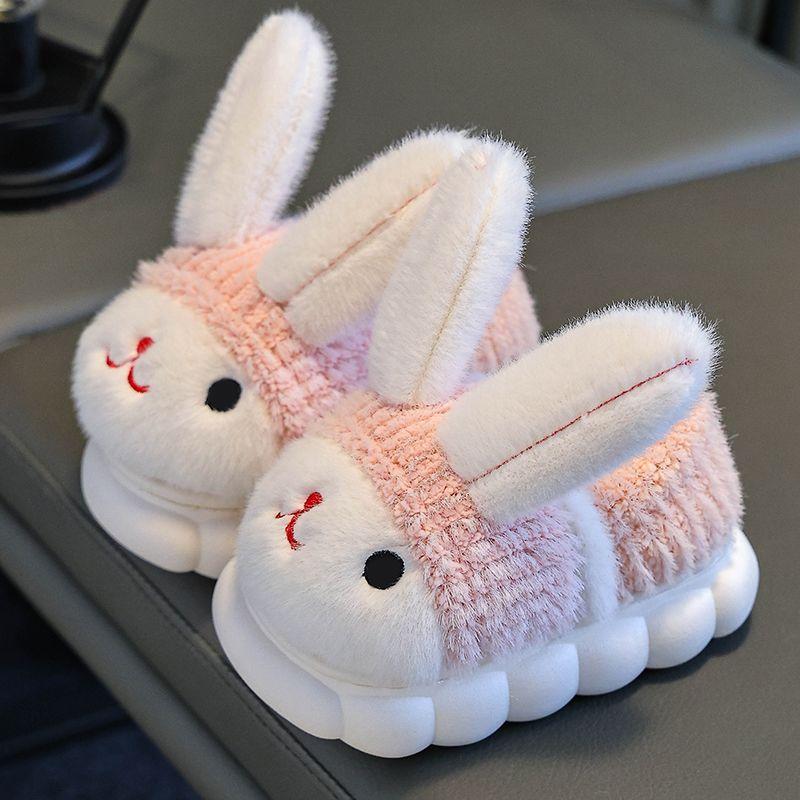 Детские теплые нескользящие хлопковые тапочки с рисунком кролика Fluffys, детские тапочки 22-23 розовый JJ show