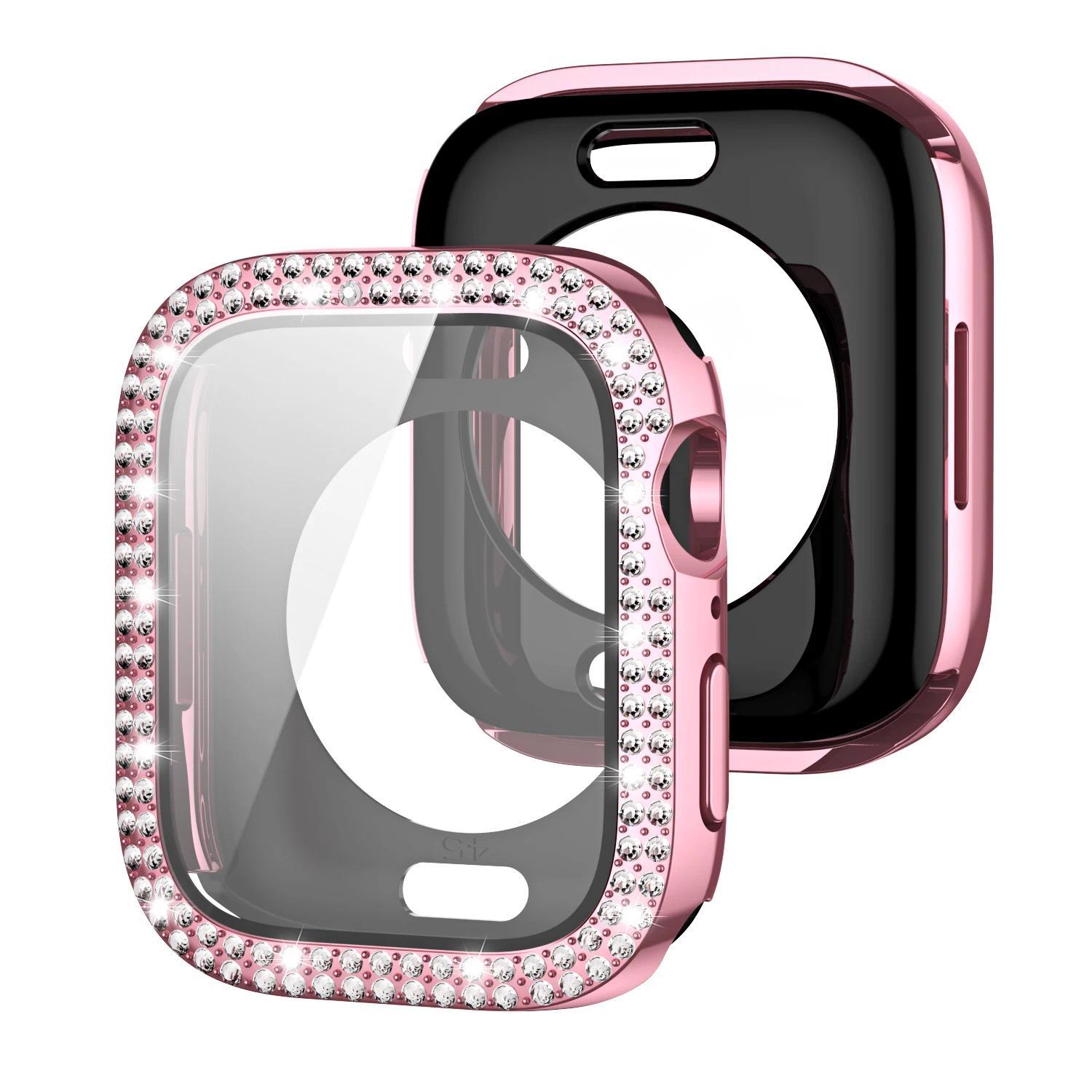 Сверкающий Чехол со стеклом для Apple Watch 44 45мм 41мм 40 42мм 44мм Алмазный бампер+Защитное стекло для Серии 11 10 9 8 7 5 6 SE 38mm Series 321 розовый Just Texture