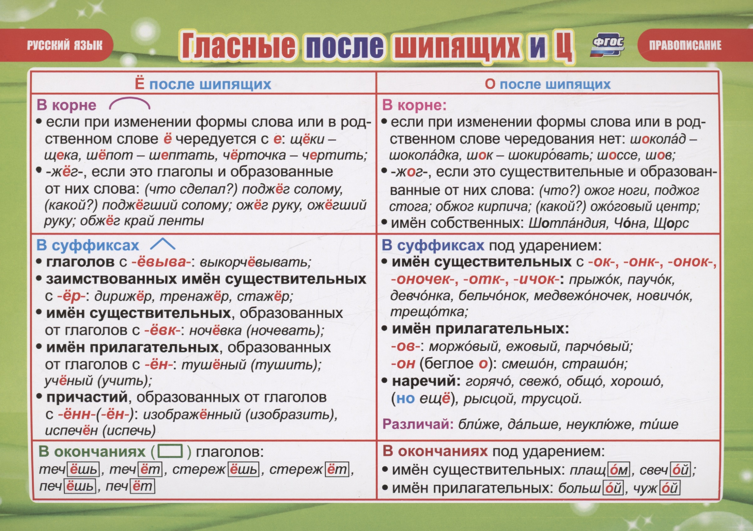 Учебные плакаты. Русский язык. Гласные после шипящих и Ц. Правописание Читай-город