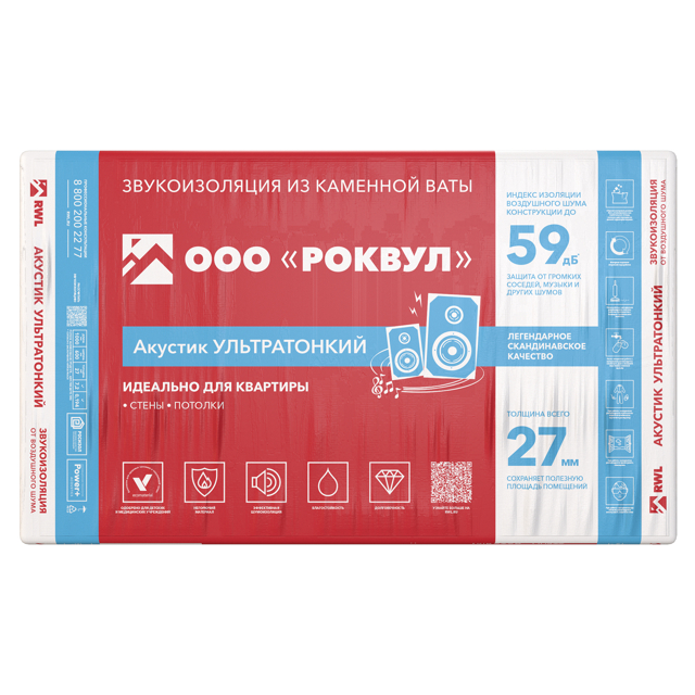 теплоизоляция РОКВУЛ Акустик Баттс Ультратонкий 1000х600х27мм ROCKWOOL