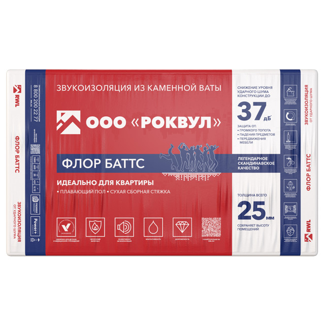 теплоизоляция РОКВУЛ Флор Баттс 1000х600х25мм ROCKWOOL