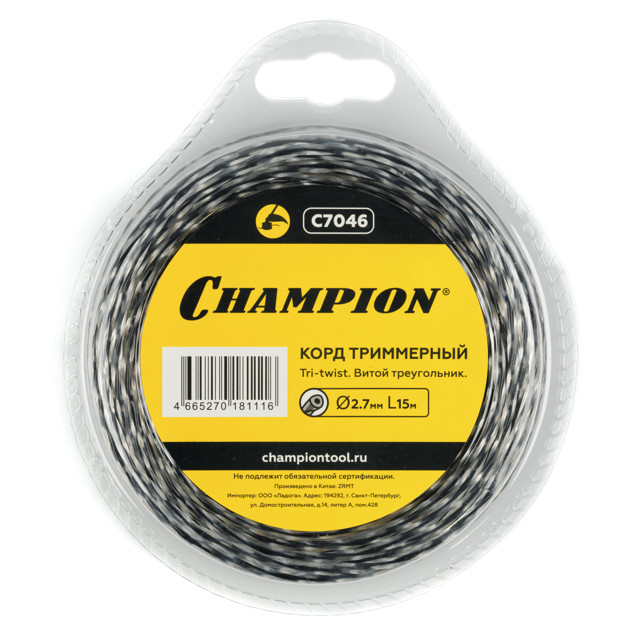 леска для триммера CHAMPION Tri-twist 2,7мм 15м витой треугольник