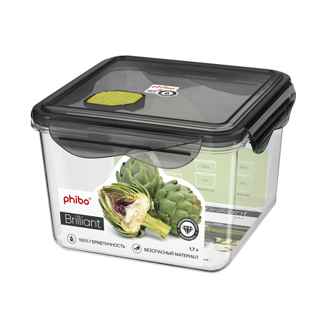контейнер для продуктов PHIBO Бриллиант/Brilliant 1,7л 16х16х11,1см 4 замка квадратный с клапаном пл