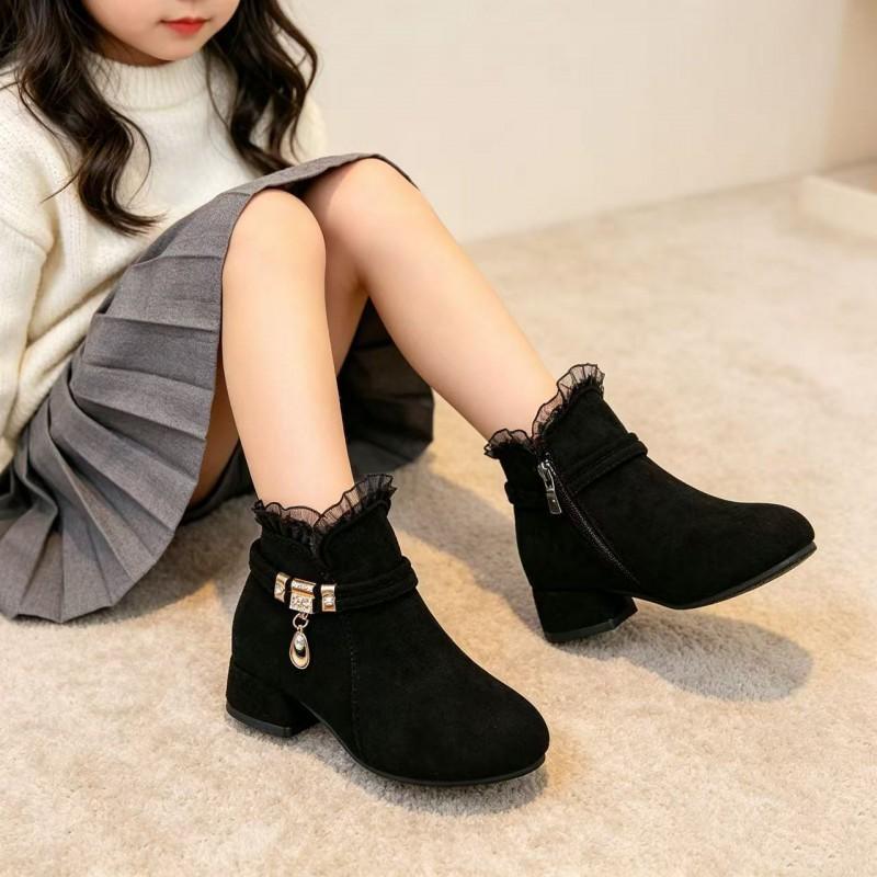 Girls Fashion Chunky Sole Martin Boots With Metal Buckle Rhinestone Detail PU Short Winter Sizes 27-32, 6 pairs per lot чёрный Fortune Mall