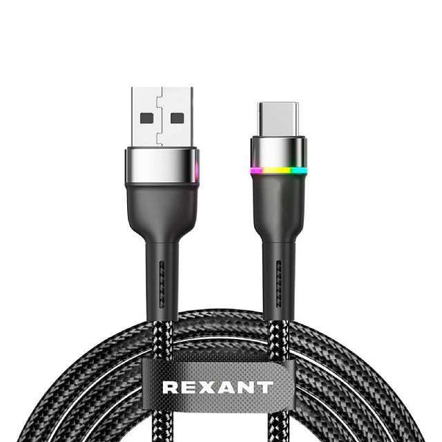 кабель USB-Type-C REXANT 18-7065 3А 1м с LED подсветкой черный