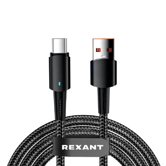кабель USB-Type-C REXANT 18-7064 6А 1м со световой индикацией черный