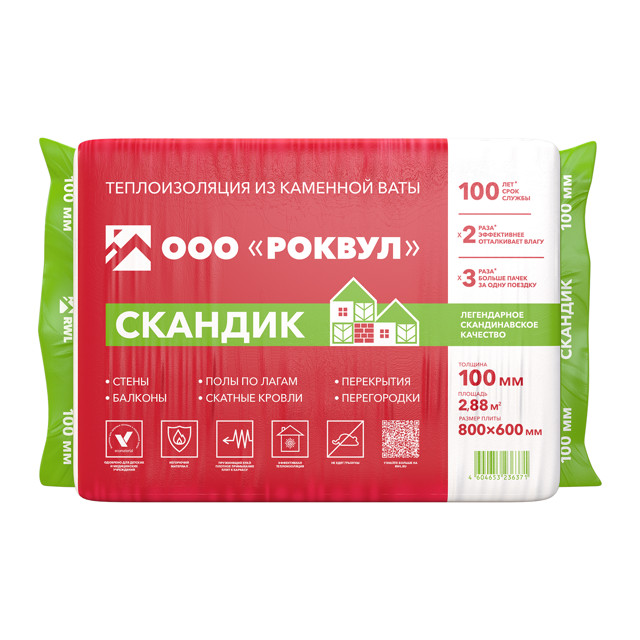 теплоизоляция РОКВУЛ Лайт Баттс Скандик 800х600х100мм ROCKWOOL