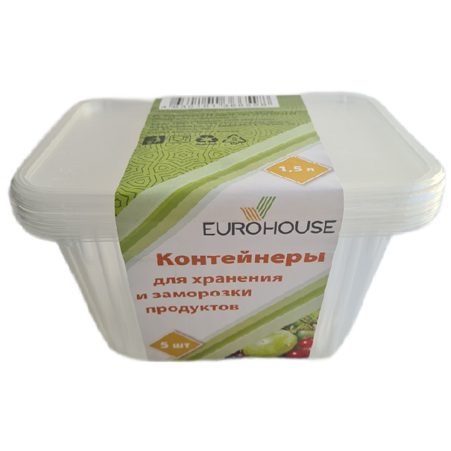 набор контейнеров EUROHOUSE 5шт 1,5л прямоугольные пластик