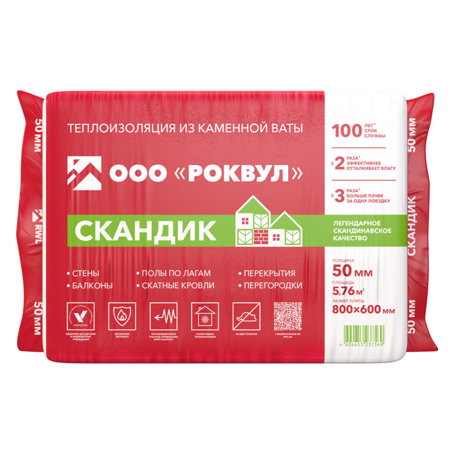 теплоизоляция РОКВУЛ Лайт Баттс Скандик 800х600х50мм ROCKWOOL