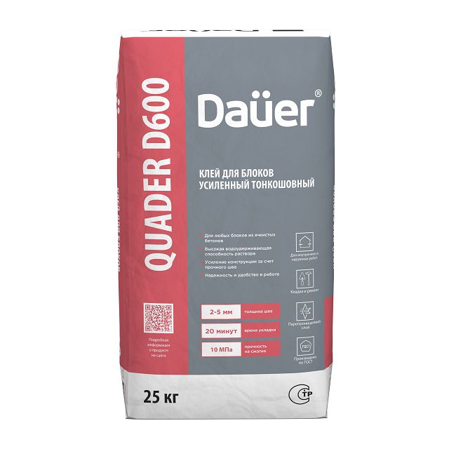 клей монтажный для блоков DAUER Quader D600 тонкошовный 25кг
