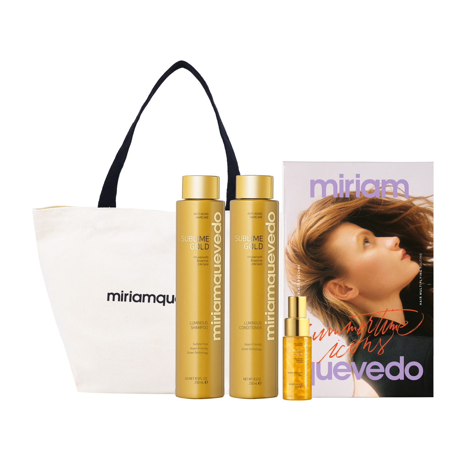 MIRIAMQUEVEDO SUBLIME GOLD HAIR NUTRITION & LUMINOSITY DUO   Золотой набор-люкс для питания и сияния волос   шампунь250мл+кондиц. 250мл+мист 30мл+фирм. сумочка для косм.   текстиль 131069