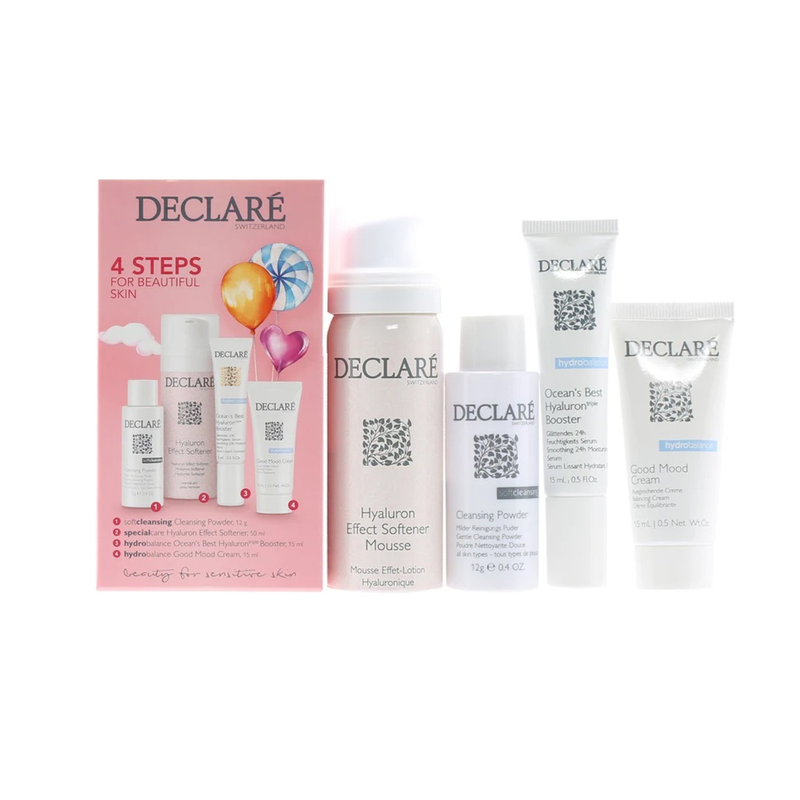 Declare Good Mood Trial Kit Бьюти-набор для путешествий Хорошее настроение Балансирующий крем для лица 15мл+Нежный гиалуроновый мусс 50мл+Сыворотка-бустер 3D-эффект 15мл+Мягкая очищающая пудра 12г Troll Cosmetics GmbH 124775