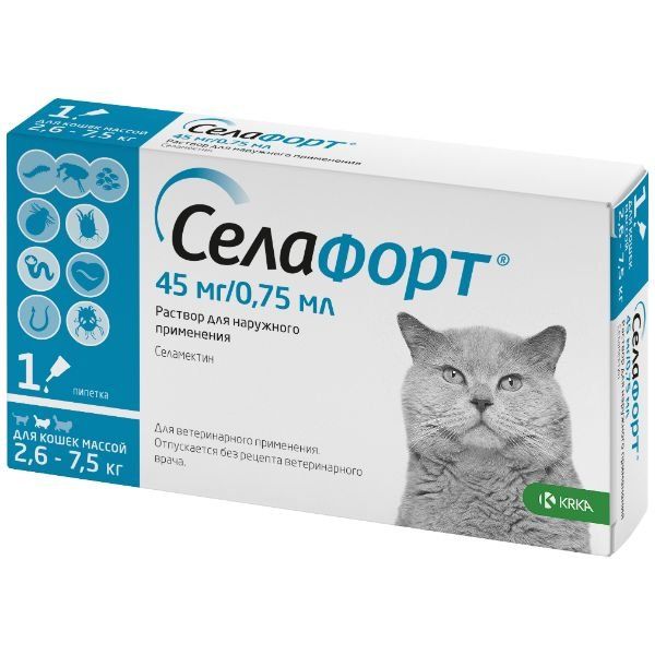 Селафорт капли на холку для кошек весом от 2,6 до 7,5кг пипетка 45мг 0,75мл KRKA д.д. Ново место 154345