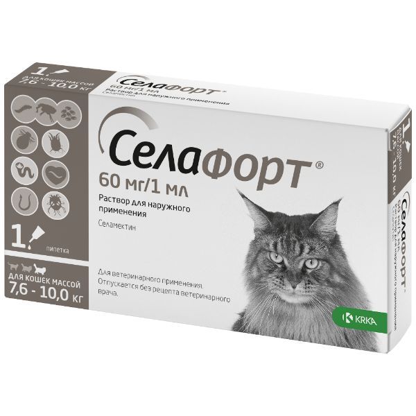 Селафорт капли на холку для кошек весом от 7,6 до 10кг пипетка 60мг 1мл KRKA д.д. Ново место 154346