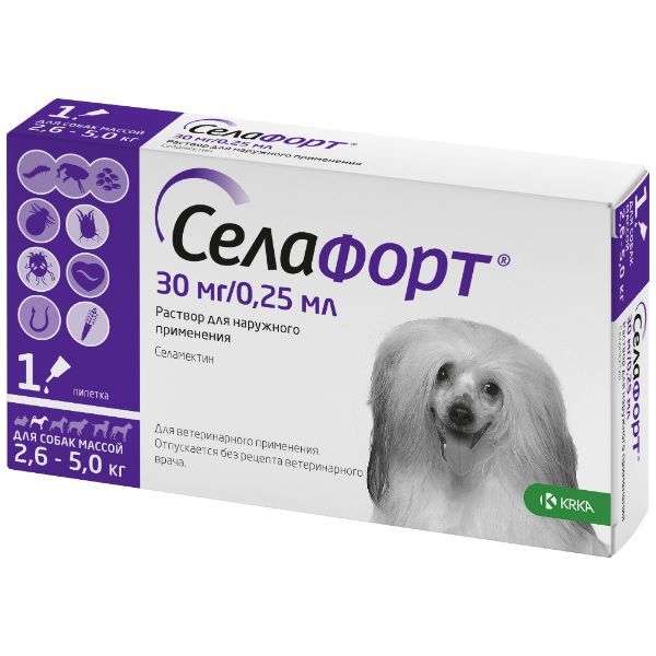 Селафорт капли на холку для собак весом от 2,6 до 5кг пипетка 30мг 0,25мл KRKA д.д. Ново место 154348