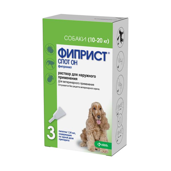 Фиприст Спот-он раствор для наружного применения для собак от 10 до 20кг пипетка 100мг мл 1,34мл 3шт KRKA д.д. Ново место 154377