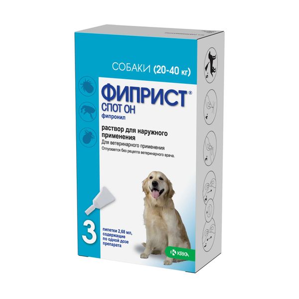 Фиприст Спот-он раствор для наружного применения для собак от 20 до 40кг пипетка 100мг мл 2,68мл 3шт KRKA д.д. Ново место 154378