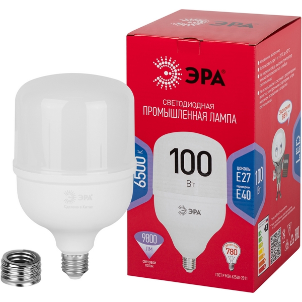 Лампочка светодиодная E27 с переходником на E40 100W ЭРА LED POWER T140-100W-6500-E27 с переходником на E40/E40 R LED POWER T140-100W-6500-E27/E40 R