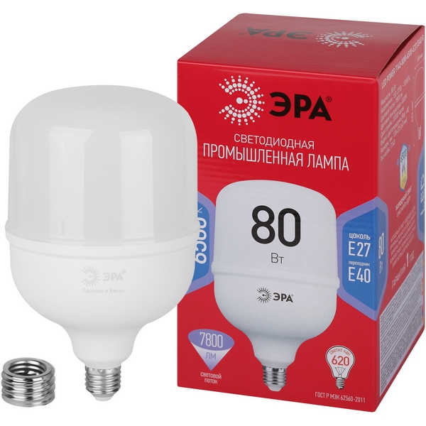 Лампочка светодиодная E27 с переходником на E40 80W ЭРА LED POWER T140-80W-6500-E27 с переходником на E40/E40 R LED POWER T140-80W-6500-E27/E40 R