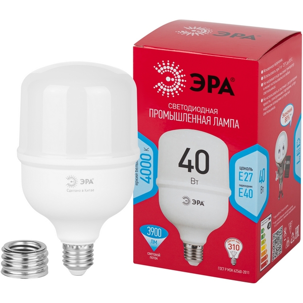 Лампочка светодиодная E27 с переходником на E40 40W ЭРА LED POWER T100-40W-4000-E27 с переходником на E40/E40 R LED POWER T100-40W-4000-E27/E40 R