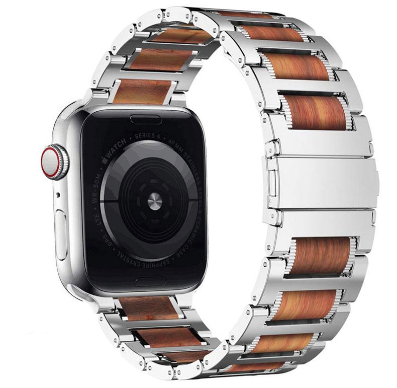 Деревянный+Металлический ремешок для Apple Watch 11 10 46мм 42мм/Ultra 3 2 1 49мм Браслет iWatch Серии 9 8 7 6 5 4 SE 44мм 45мм 41 40мм Ремешок 38mm-40mm-41mm серебряный Watvise