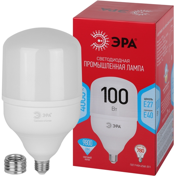 Лампочка светодиодная E27 с переходником на E40 100W ЭРА LED POWER T140-100W-4000-E27 с переходником на E40/E40 R LED POWER T140-100W-4000-E27/E40 R